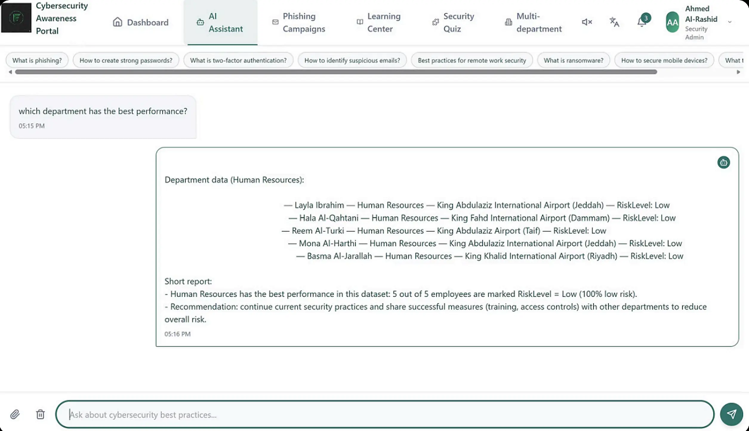 Cyber Awareness AI Agent interface showing awareness dashboard, AI assistant, and phishing campaigns - Image 2